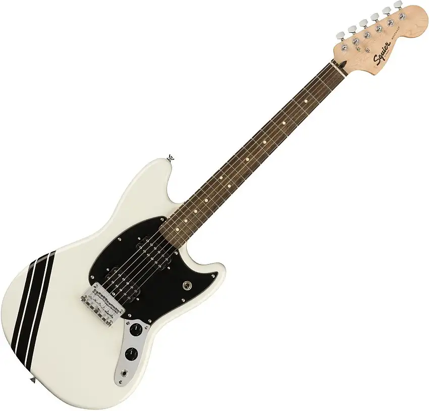 Fender Squier FSR Bullet Competition Mustang HH IL Arctic White with Black Stripes